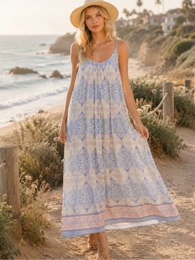 Boho NWT Summer Spell Blue Paisley Maxi Dress size S-M-L